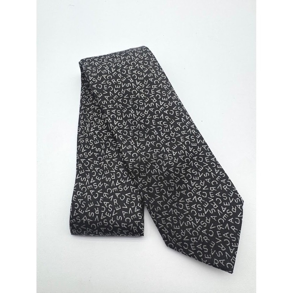 Versace Mens 100% Silk Tie Black Silver Logo Monogram Made Italy Luxury